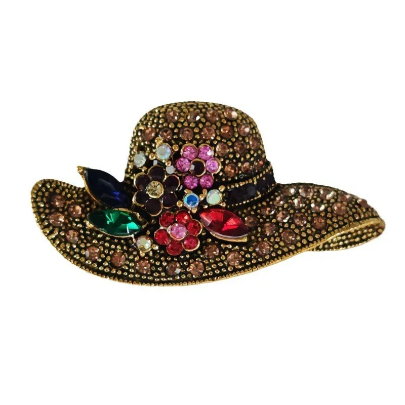 Fashion Retro Alloy Rhinestone Sun Hat For Women Vintage Flower Hat Brooch Clothing Accessories Lady Holiday Jewelry Gifts