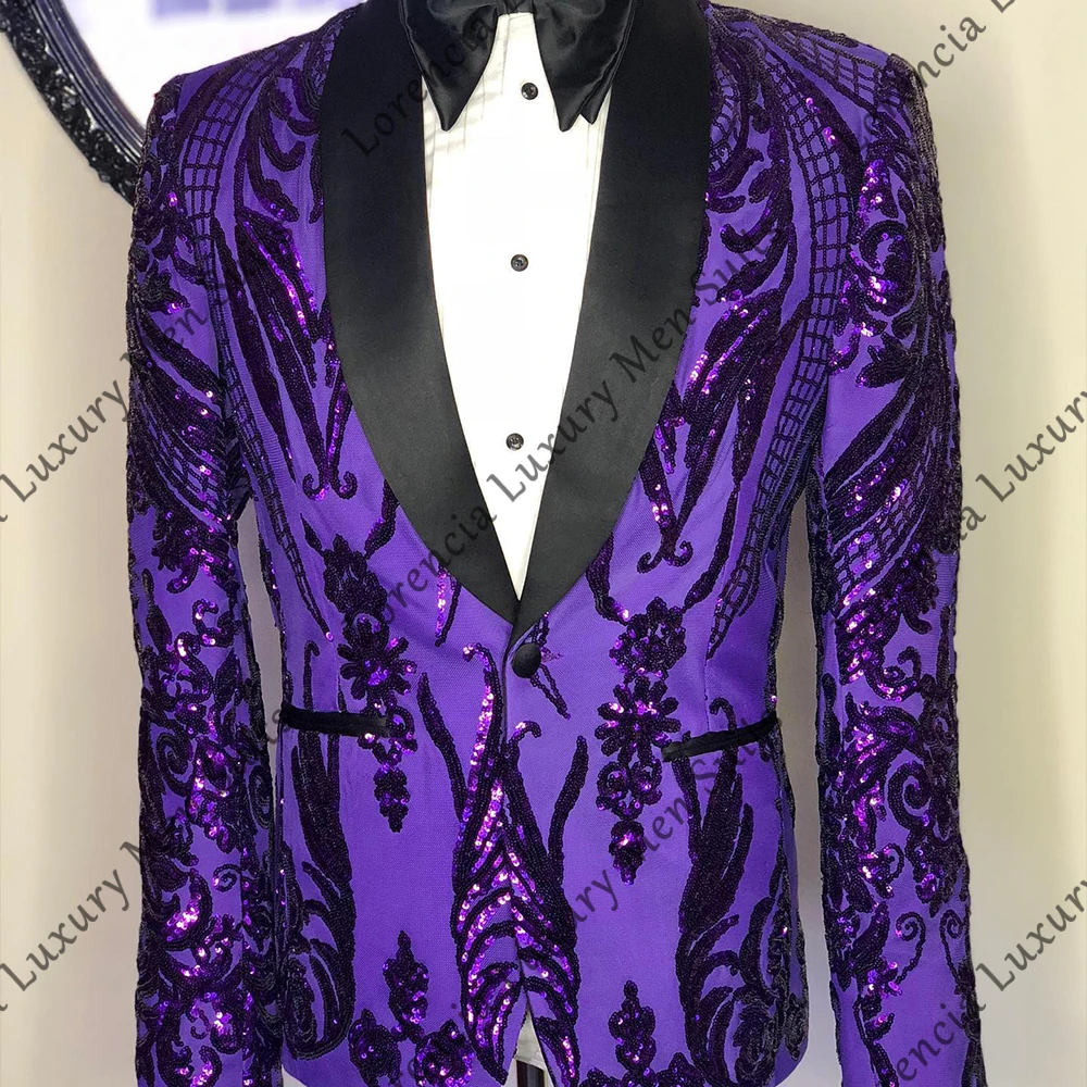 

Sparkling Sequin Suits for Men 2 Pieces Shawl Collar Tuxedos Glitter Wedding Party Outfits Customized Blazer Pants ropa hombre