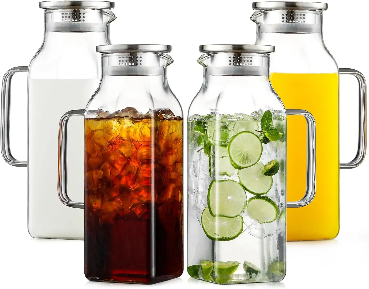 

Набор из 4 квадратных стеклянных кувшинов с крышками, 2 л, термостойкие для горячих/холодных напитков, безопасные для холодильника