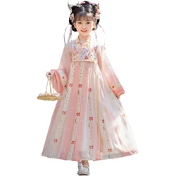 Vestido Hanfu rosa encantador para niños, traje tradicional chino, atuendo de actuación de estilo antiguo, elemento de conejo, Primavera