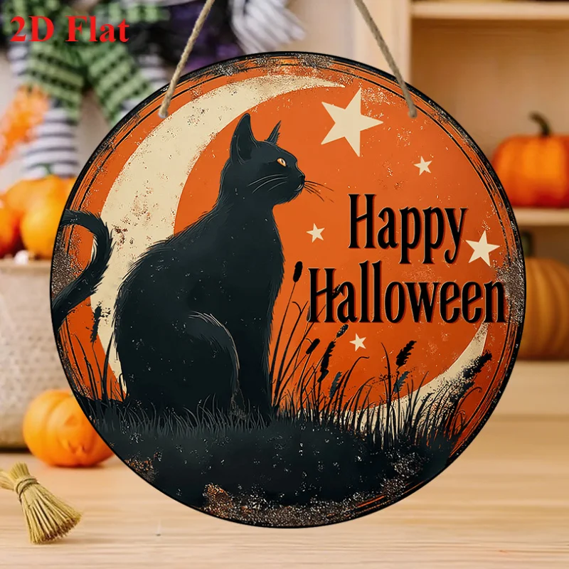 2D Flat, 2D Flat, One-Piece Round Wooden Wall Decoration Featuring a Cheerful Halloween Cat Design, Perfect for Enhancing Your L