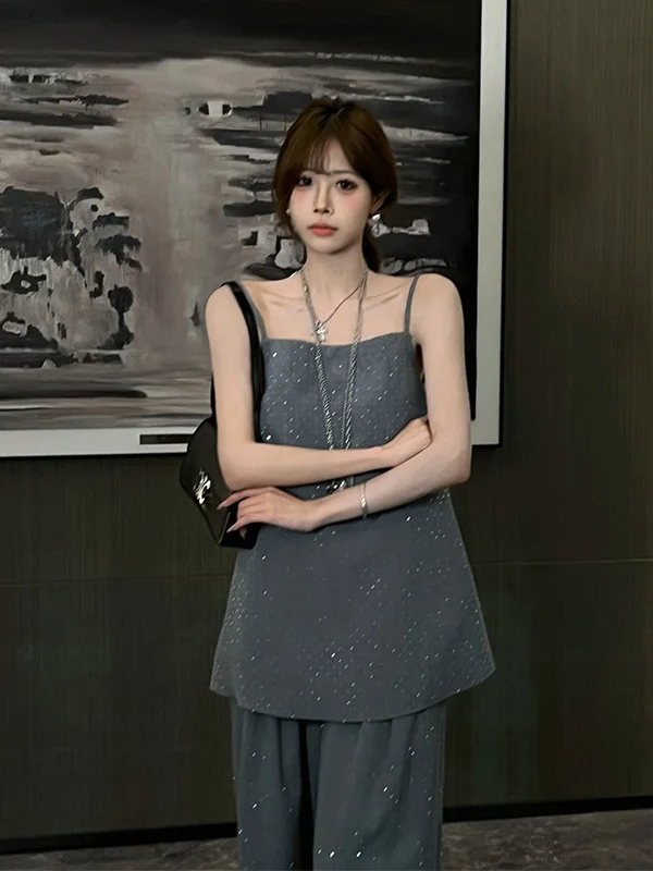 

Ele Retro Luxury Fine iny Women's Vest Top Svel Bal Summer Faion High-End Feelings Buttoned up Outerwear