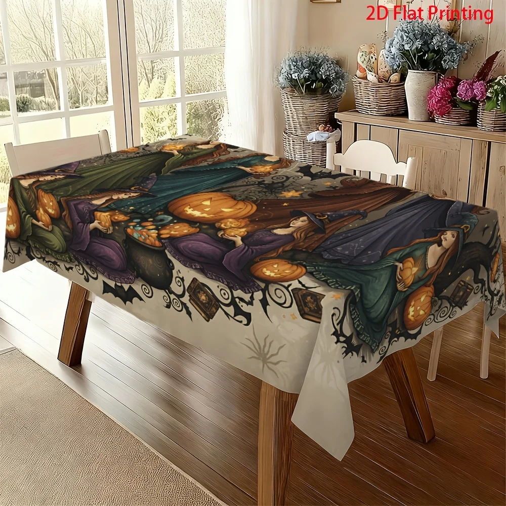 [jit] 1pc High-end Versatile Spring Witch and Pumpkin Lantern Halloween Theme Tablecloth 2Dzyc