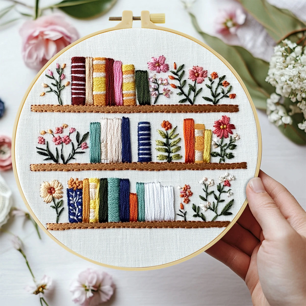 1 Stickset, 20 x 20 cm, Bücherregal, handgefertigtes DIY-Stickset, geeignet für Erwachsene und Anfänger, inklusive – Detail 4