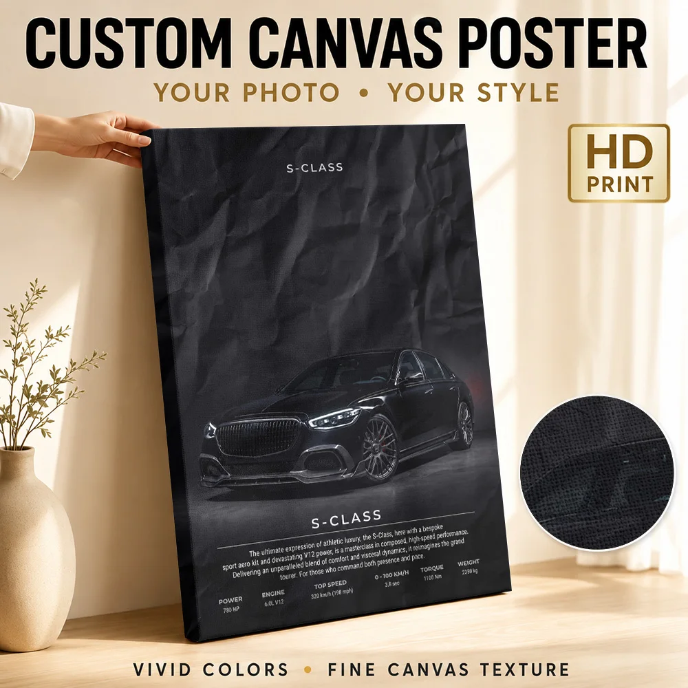 Sleek Black German S-Class Luxury Sedan Canvas Print Poster Customized Photo Modern Gallery Style Canvas Wall Art Garage Decor