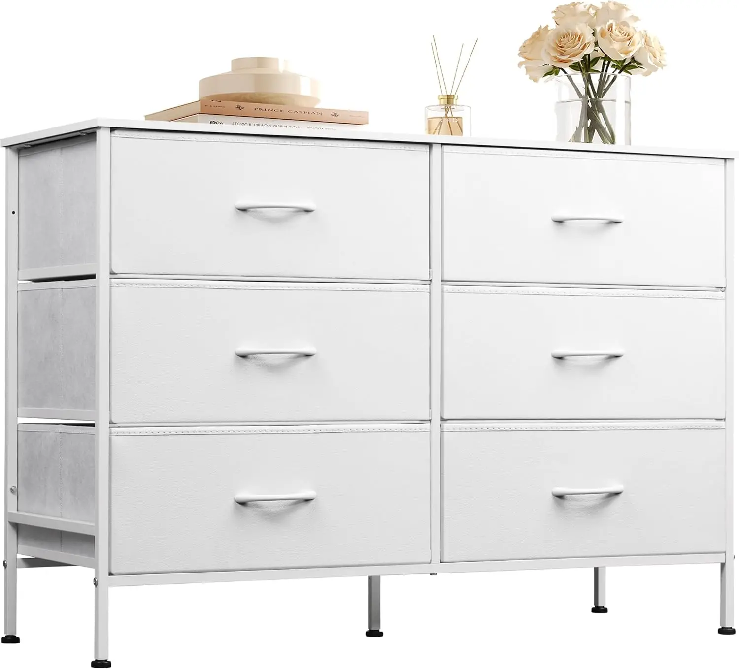 

Wide Dresser With 6 Drawers, Tv Stand For 50"" Tv, Entertainment Center With Metal Frame, Wooden Top, Fabric Storage Dresser
