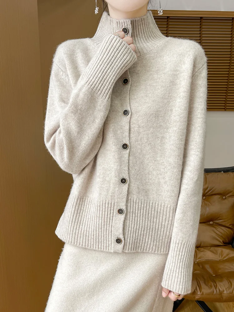 

Мягкий женский кардиган с воротником-стойкой, модный вязаный свитер из 100% мериносовой шерсти, теплая осенне-зимняя повседневная свободная одежда, топы