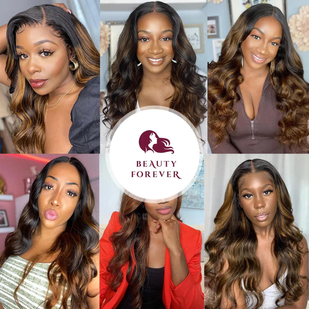 Beleza Forever-Body Wave Pacotes de cabelo humano com fecho, Balayage, colorido, 3PCs, 4x4 Lace Closure, # FB30