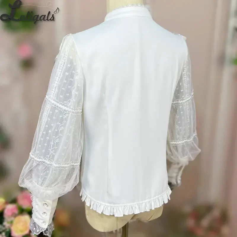 Vintage Lolita Shirt Stand-Up Collar Mesh Lace Long Bishop Sleeve Chiffon Top for Women