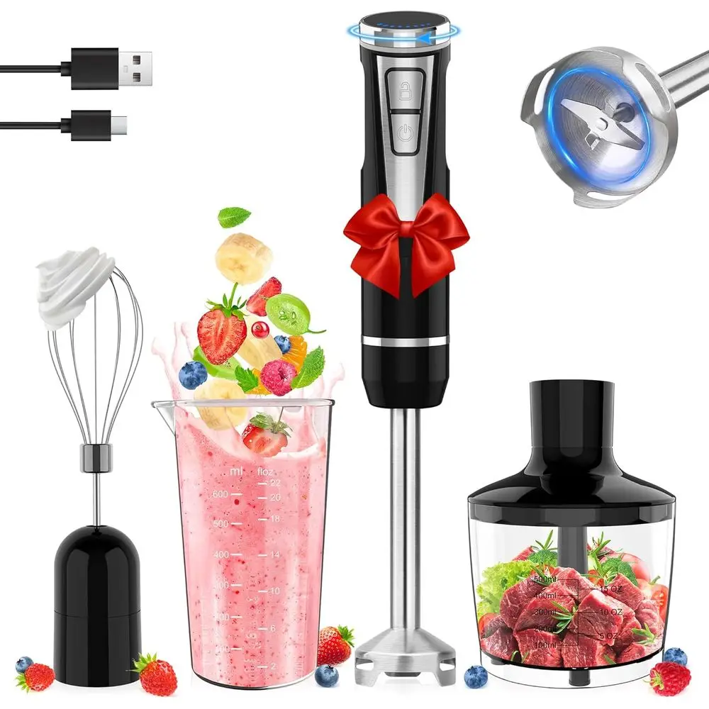 

4-in-1 Handheld Blender with Chopper, Beaker, Egg Whisk, 8 Speeds, USB Rechargeable - Ideal for Smoothies and Baby Food (Black)