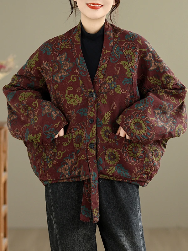 New Chinese Sle Floral Print Loose Fit Cotton Jaet Women's Winter Coat Button up Slimming Top V-Ne Long Sve Thiened