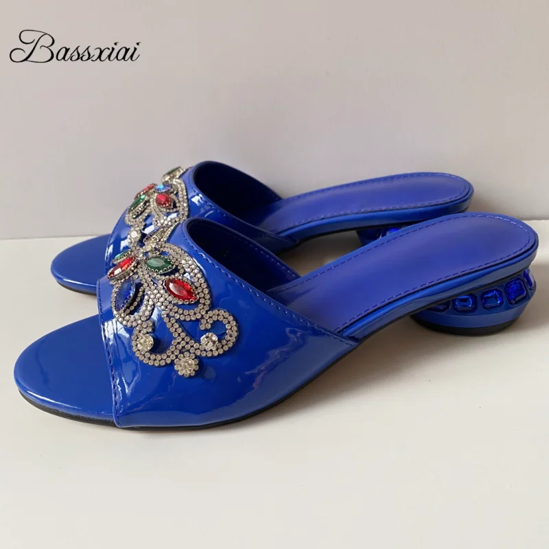 

Colorful Rhinestone Embelishment Slippers Women Unique Crystal Heel Blue Color Outwear Mules Spring Summer