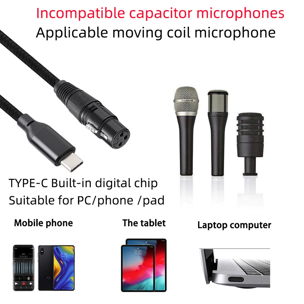 Audio Cable USB-C Type-C Type-c UAC2.0 15-40mA 2M Adapter Audio Cable Male To 3Pin XLR Female Microphone Audio Cable