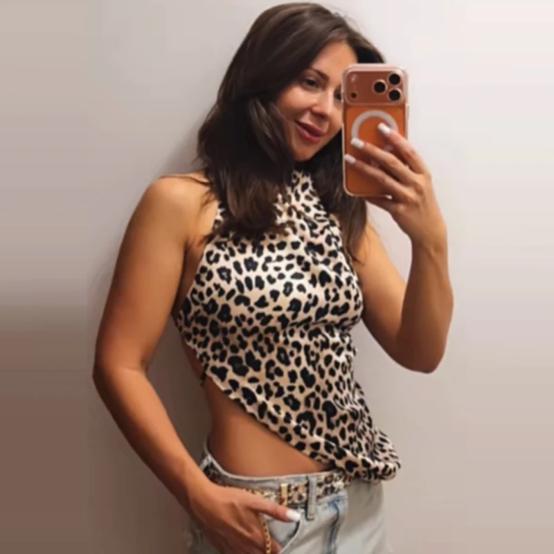 HXAO Damen Satin Neckholder-Top Sommer 2026 Weiß Schwarz Leopard Tanktop Schickes Asymmetrisches Korsett Schnürung Ärmellos Rückenfreies Oberteil – Detail 10