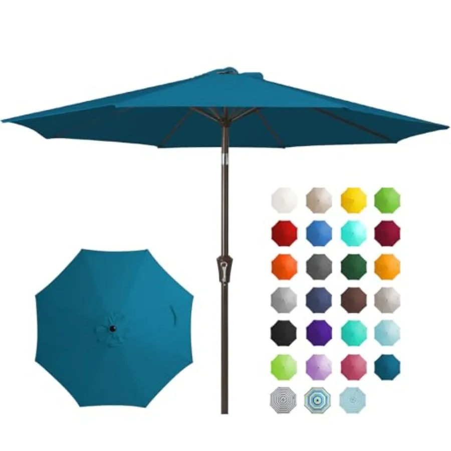 

Outdoor patio umbrella for garden, deck, backyard, pool use; polyester fabric; lake blue color; UV protection, waterproof, push