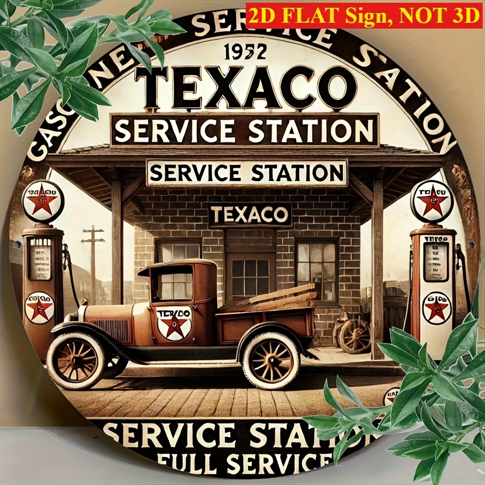 1pc Vintage Man Cave Texaco Gas Station Metal Tin Sign, Retro Round 8×8 Inch Aluminum Sign 2D Flat, Suitable for Those Who Like