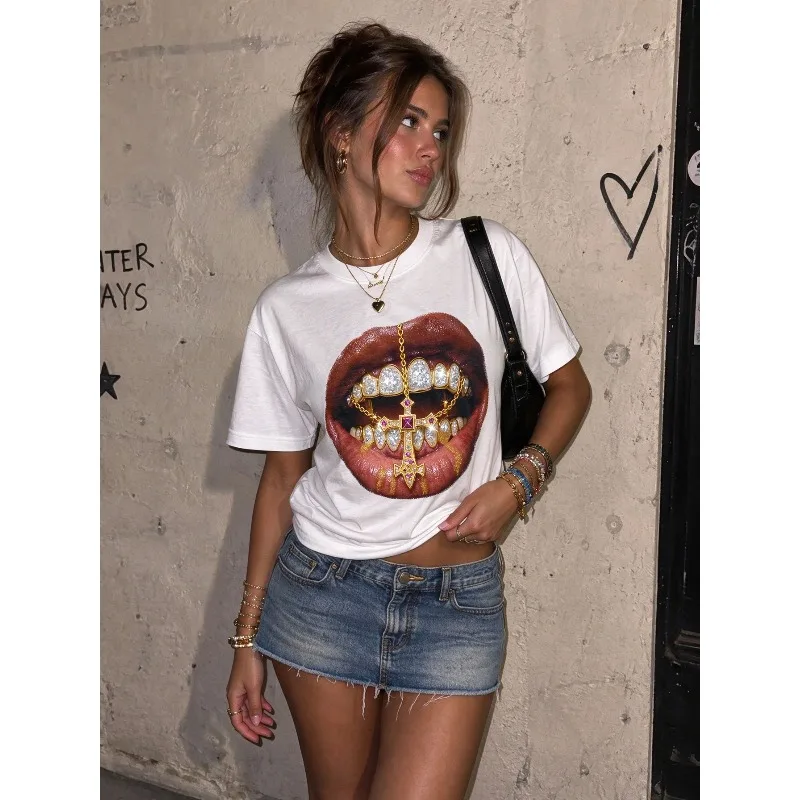 Biglips Y2K Mouse Pattern T-shirt - Grill White T-shirt Gothic Street Style, Suitable for Men and Women All Seasons