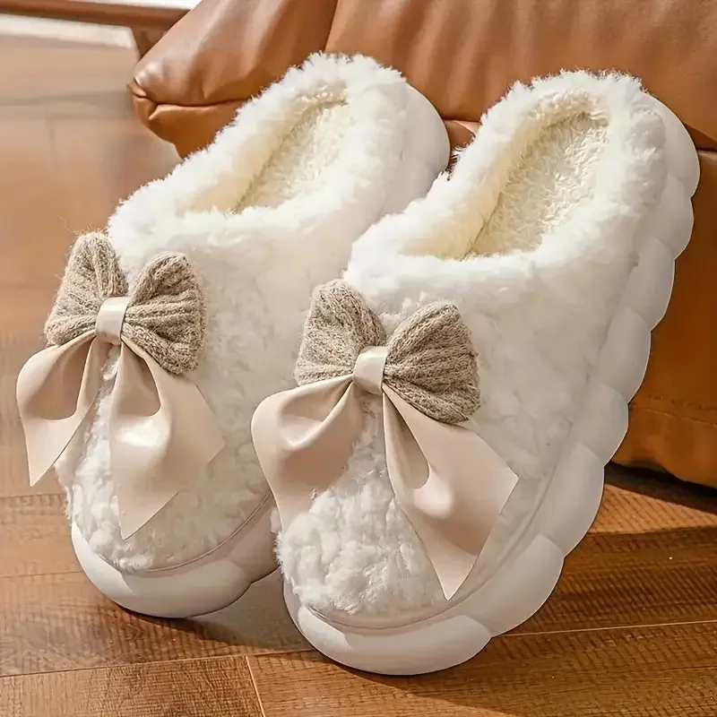 Women'S Bow Designed Fleece-Lined Slippers Soft Sole, Quiet Wear, All-Season Comfort, Ideal for Home Use, Perfect Christmas Gift image 2