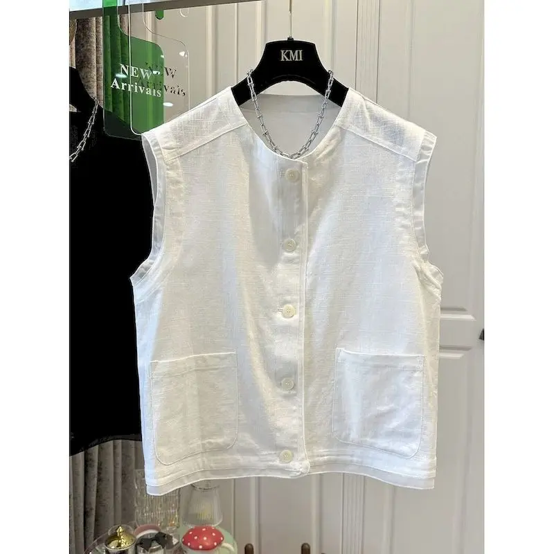 Stylische Weste mit O-Ausschnitt, Lässiger Koreanischer Stil, Ärmellose Crop-Tops, Einreihige Hemden, Sommermode 2026 für Damen