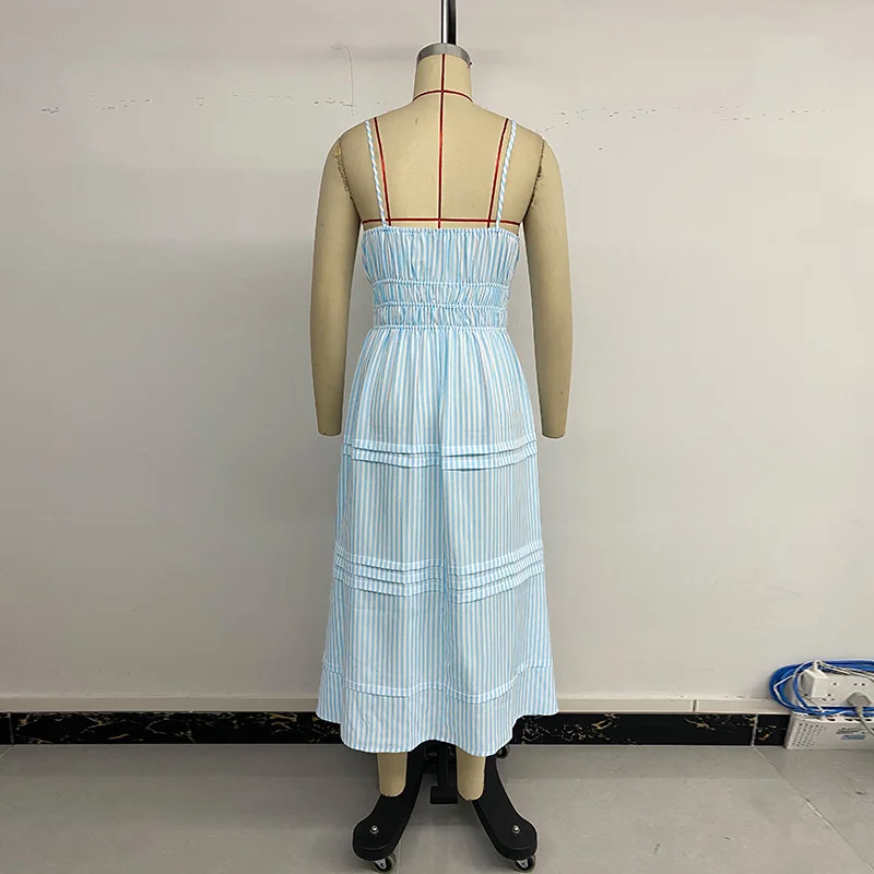 Benuynffy vestido camisola a rayas con cuello cuadrado y lazo frontal para mujer, vestidos largos informales sin mangas estilo vacaciones de verano 2025 para la playa