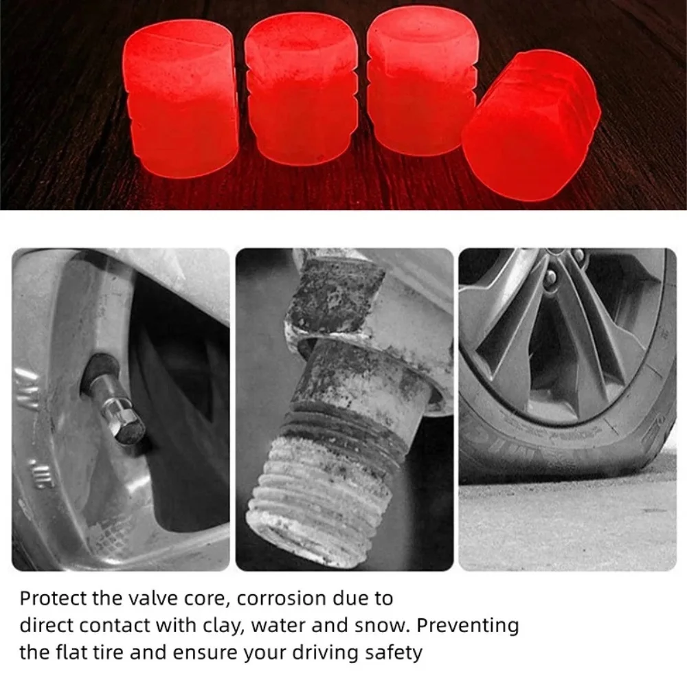 20PCS Luminous Tire Valve Caps Motorcycle Bike Wheel Nozzle Dustproof Tyre Valve Stem Fluorescent Night Glowing Car Decor