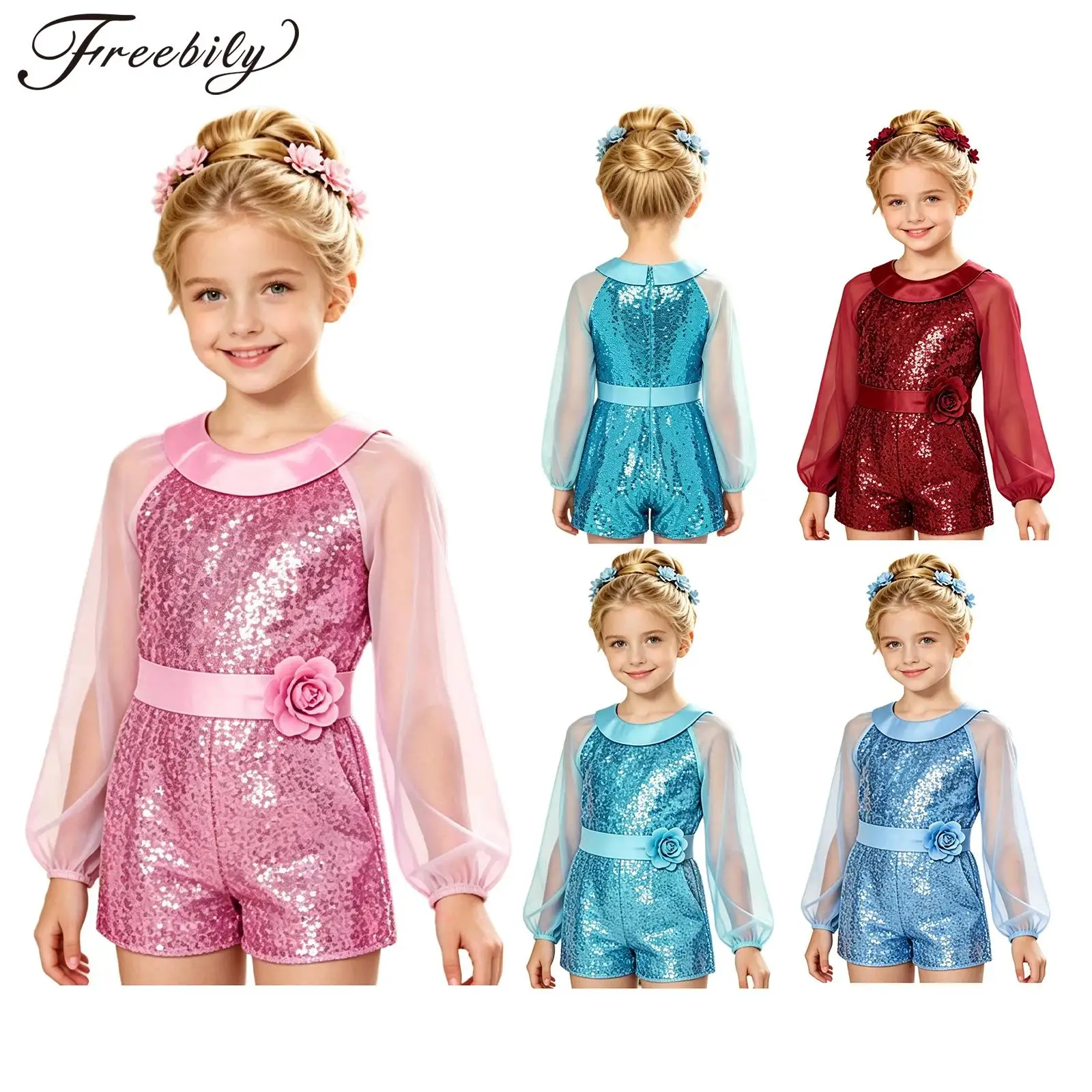 Mono de fiesta para niñas con lentejuelas brillantes y broche de flor 3D, de una pieza, manga larga, solapa de satén y gasa