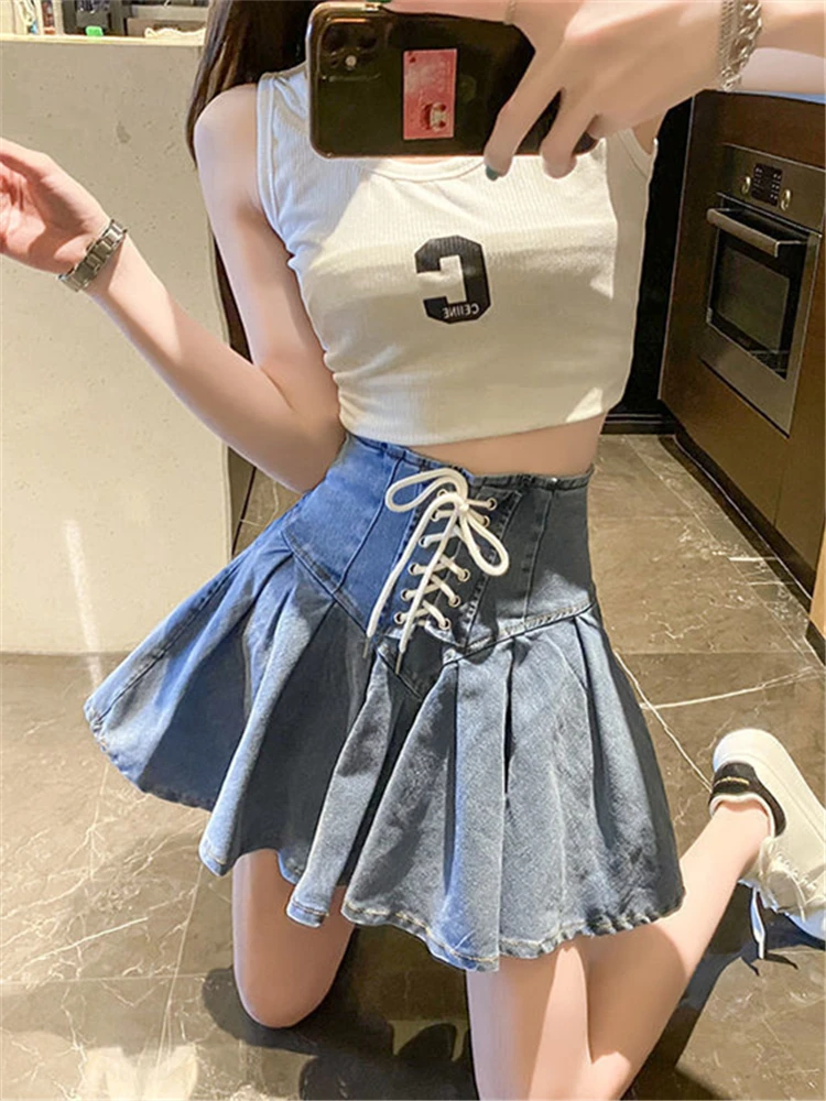 Jupe trapèze taille haute coréenne pour femmes, jupe ort plissée en Denim élastique avec bande à nouer croisée, nouvelle collection 2024
