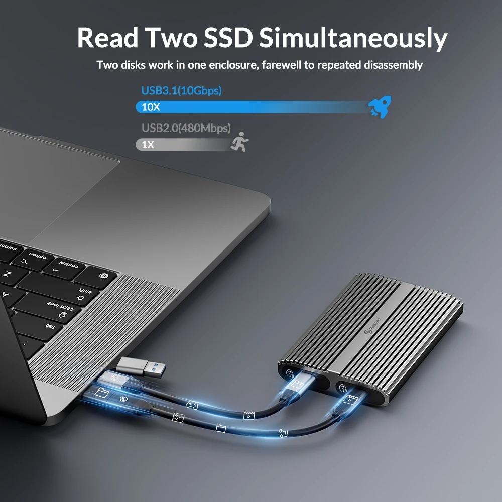 PHIXERO USB 3.1 C타입, 10Gbps 프리 듀얼 베이, M.2 NVMe 2bay SSD 인클로저, 10Gbps 블레이징 스피드 썬더볼트 3 윈도우와 호환