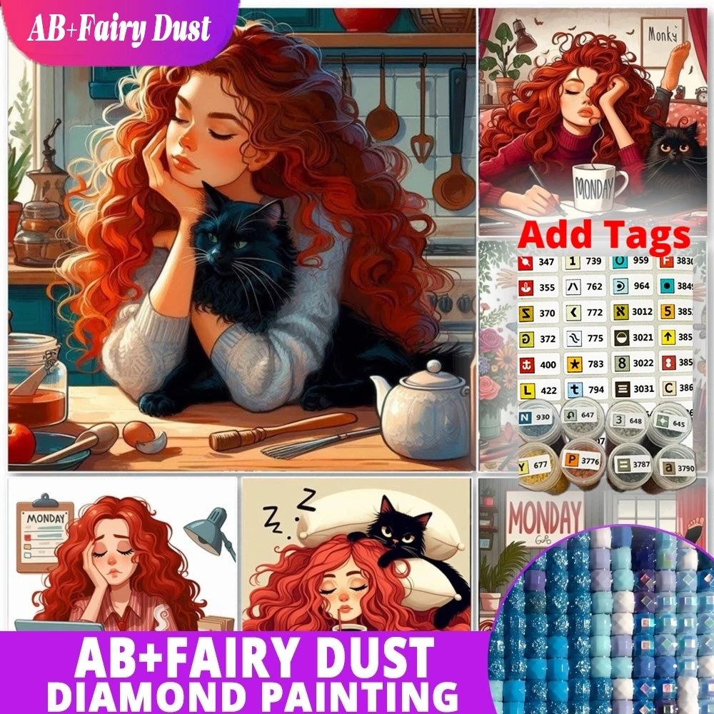 

Fairy Dust AB DIY Diamond Painting New 2025 Lazy girl and Cat Diamond Mosaic Picture Embroidery Home Decor Cross Stitch Wall Art