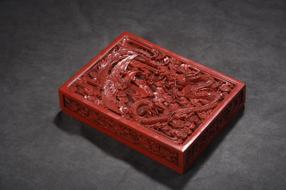 

7"Tibetan Temple Collection Old Crimson Lacquerware Cinnabar Phoenix Pattern ink Box Square Box storage Box Town house Exorcism