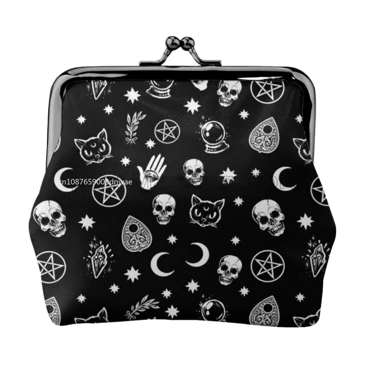 

Gothic Skull Cat Moon Leather Coin Purse Small Kiss-Lock Change Pouch Clasp Closure Buckle Wallet For Women Girls