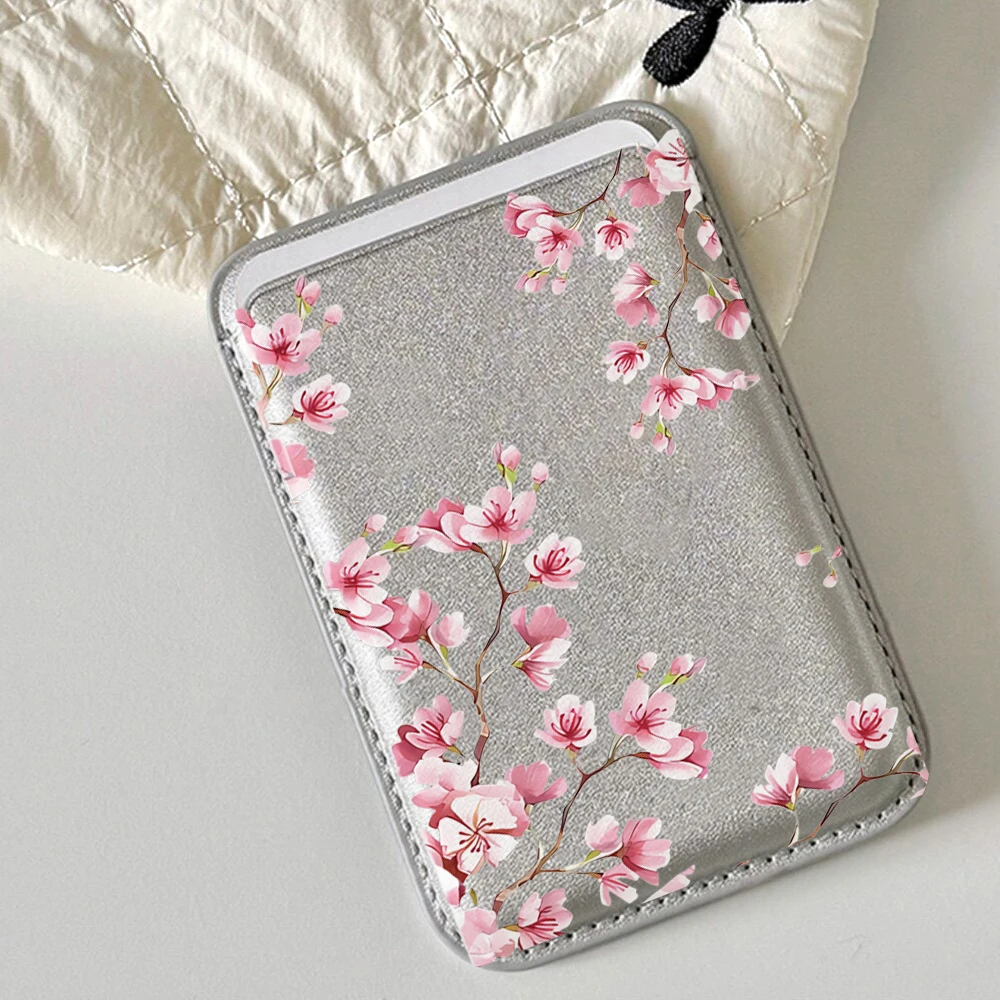 Kirschblüten-Leder-Kartenetui Handy-Kartenhalter Magnetische Hülle Geeignet für alle iPhone Magsafe-Karten-Handy-Rückseiten-Taschen – Detail 1