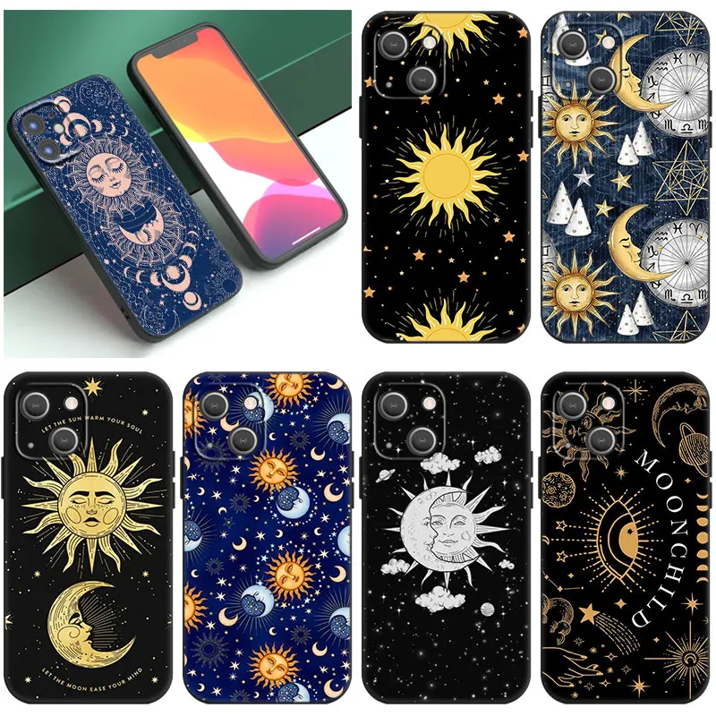 Modern Mystical Card Sun With Face Black Soft Case For Apple iPhone 14 12 13 Mini 11 Pro XR X XS MAX 6S 7 8 Plus 5S SE 2020 2022