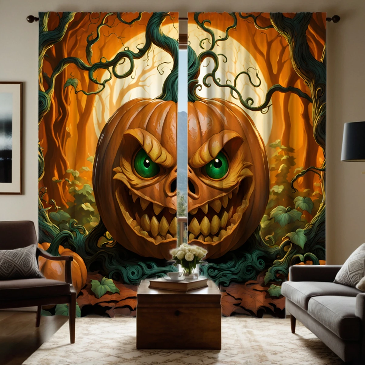 

2pcs set HD Halloween Pumpkin Ghost Vine curtain Yellow Tie digital printed curtain Home Decor style Decorate living room Bed