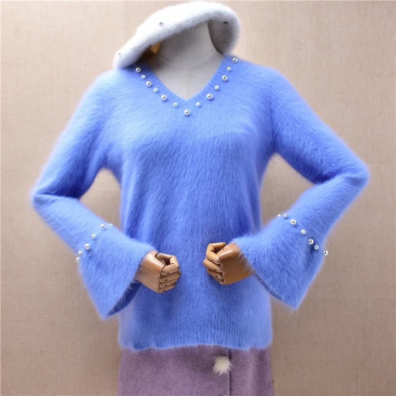 

Women Mujer Fall Winter Fashion Blue Beading Hairy Angora Rabbit Hair Knitted V-Neck Long Sleeves Slim Blouses Sweater Jumper