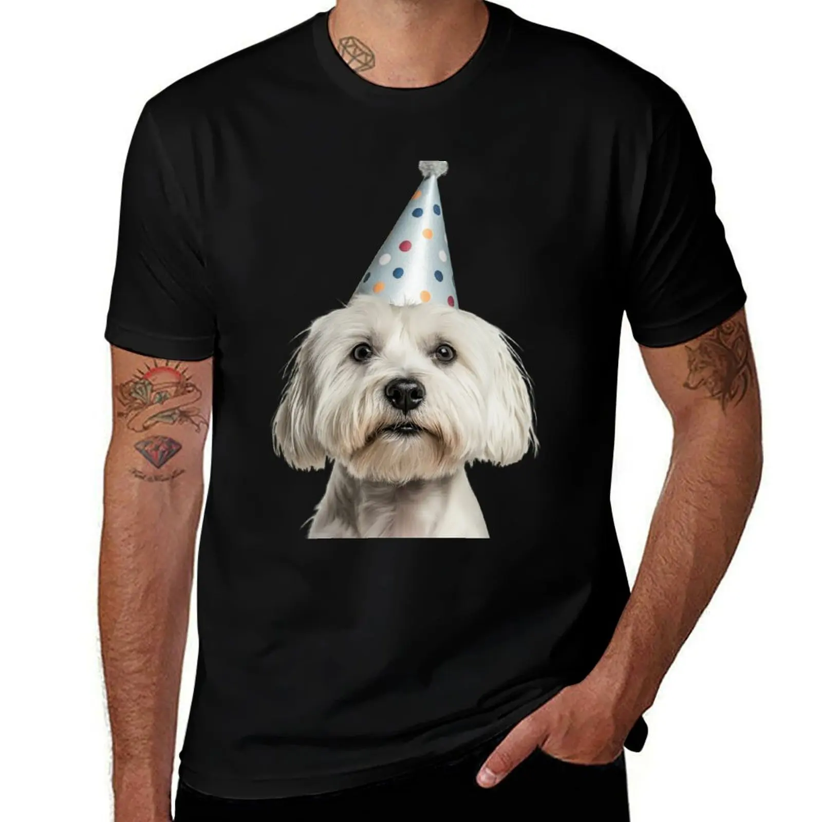 

Cute Coton de Tulear dog with Party Hat Birthday Celebration T-Shirt plus sizes vintage anime shirt Man t-shirt Men's t-shirt