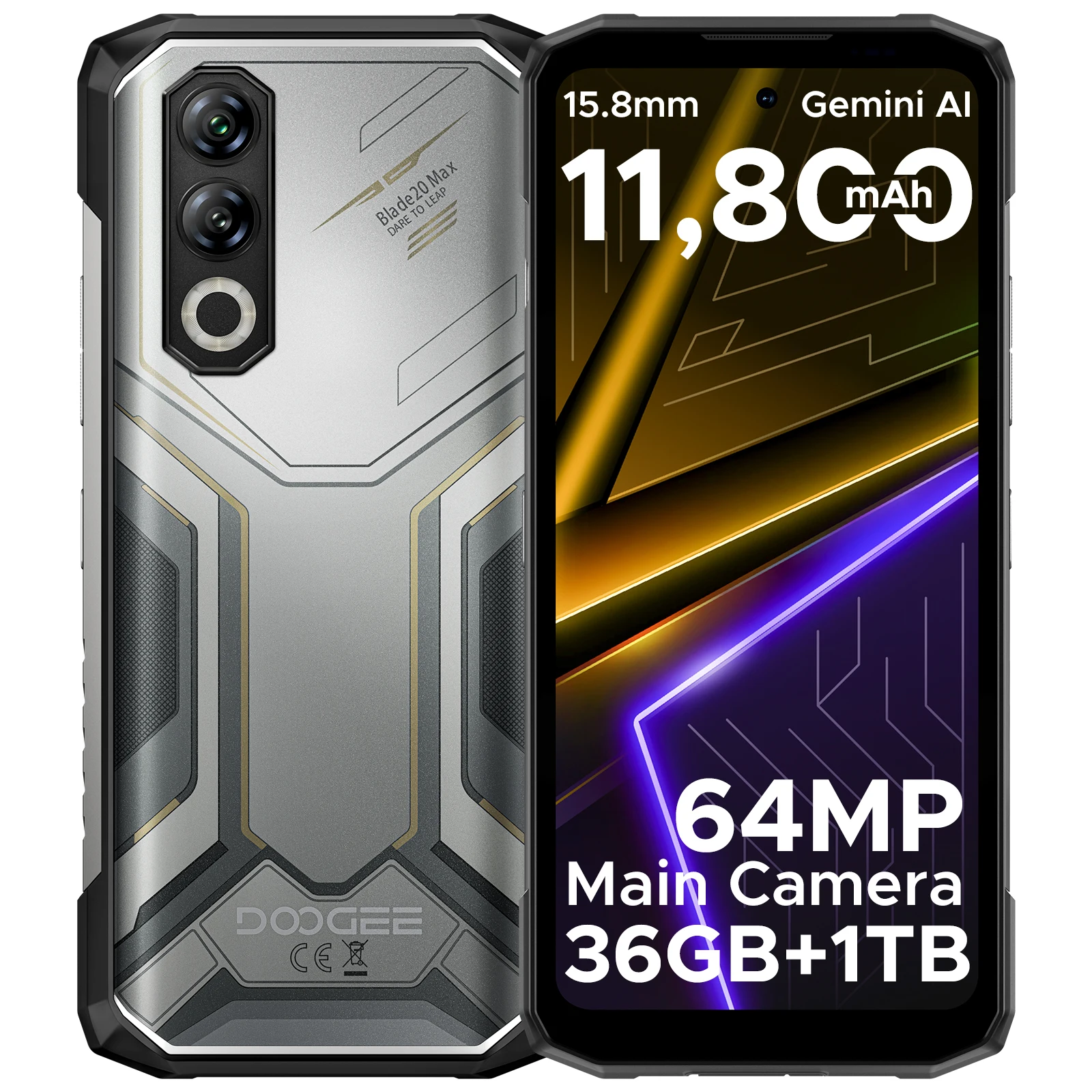 DOOGEE Blade20 Max robuuste telefoon 36GB 1TB Gemini AI 6,6" 120Hz display 11800mAh batterij Android 15 Helio G100 64MP NFC-smartphone