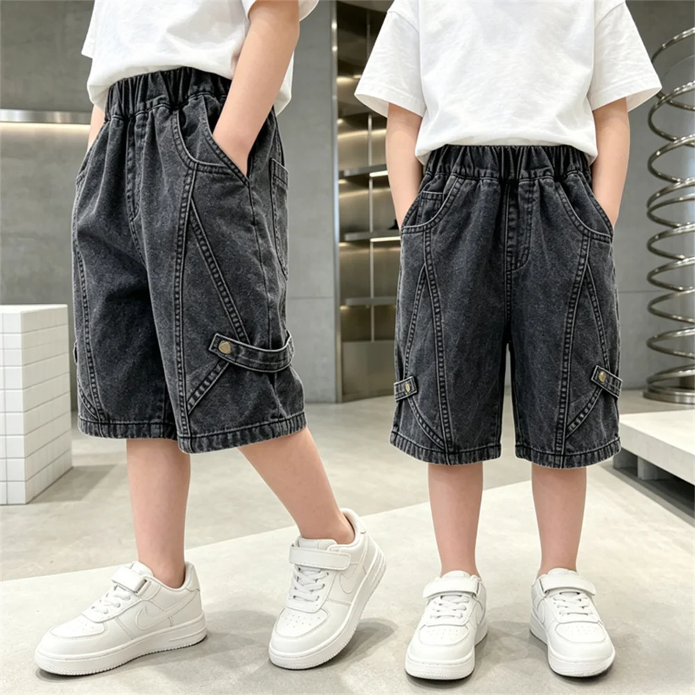 

Children New Summer Loose Straight Distressed Black Denim Shorts for Kids Boys Elegant Casual Hip Hop Retro Jeans Shorts 2-13 Y