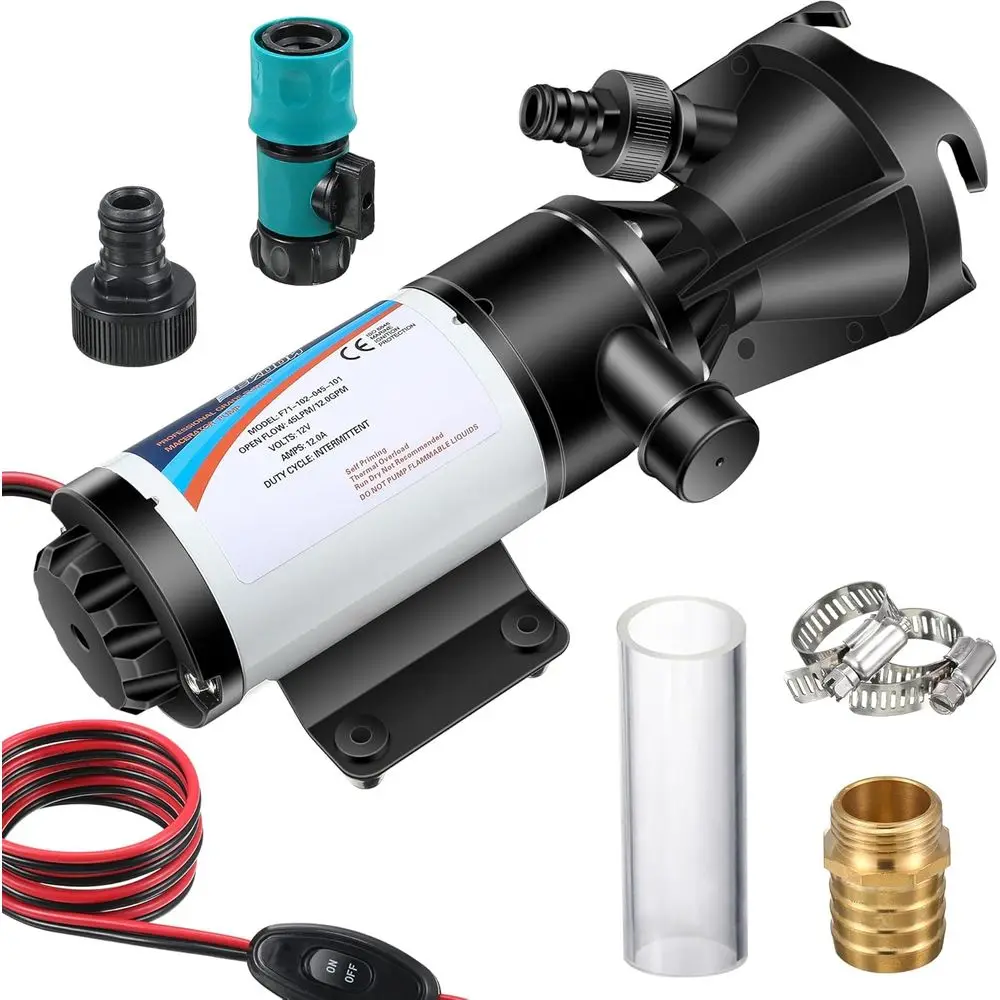 12V Portable Sewage Pump for RV, Camper, and Boat - 12GPM, 10ft Lift, 30s Dry Run Protection