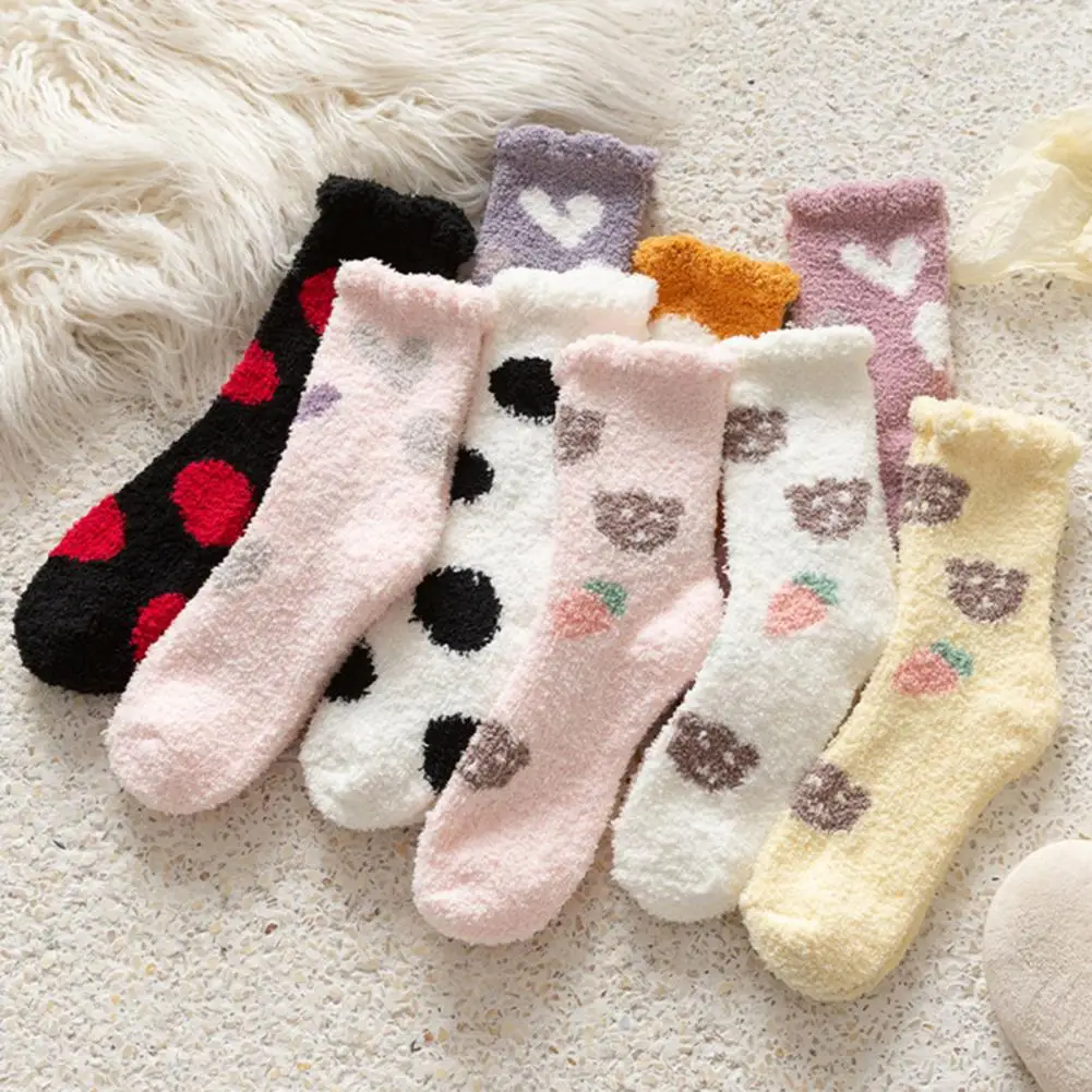 

1 Pair Winter Floor Socks Stretchy Coral Fleece Cozy Contrast Color Thicken Keep Warm Soft Cartoon Animal Winter Sleep Socks