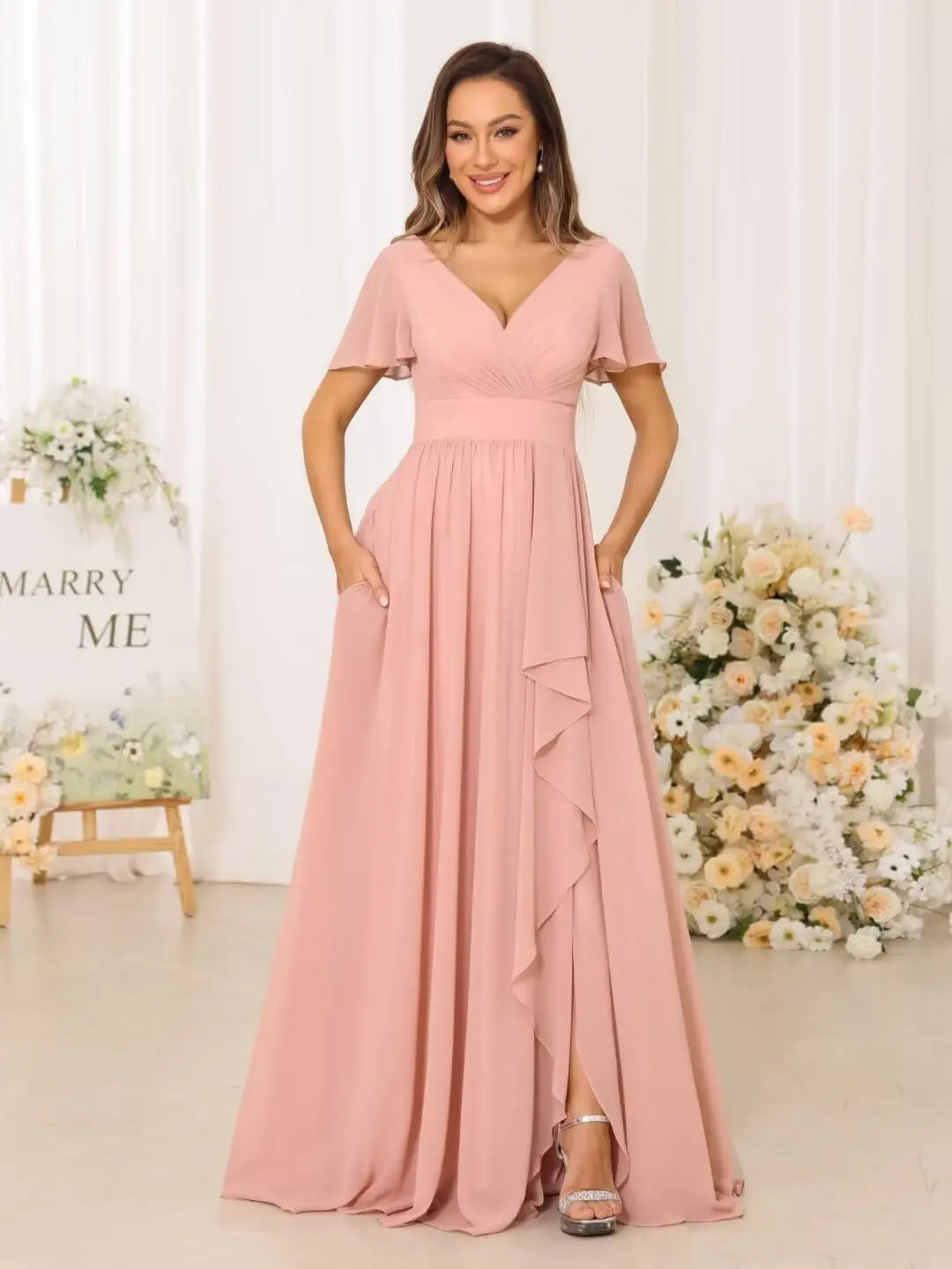 Chiffon Bridesmaid Dresses with Slit Flowy Long A-line Formal Party Dress with Pockets for women woman kids girls night luxury