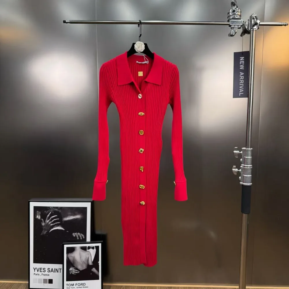 Vestidos largos de estilo Retro francés de CHICEVER para mujer con solapa de manga larga con botones de retazos Delgado elegante vestido de punto nuevo para mujer