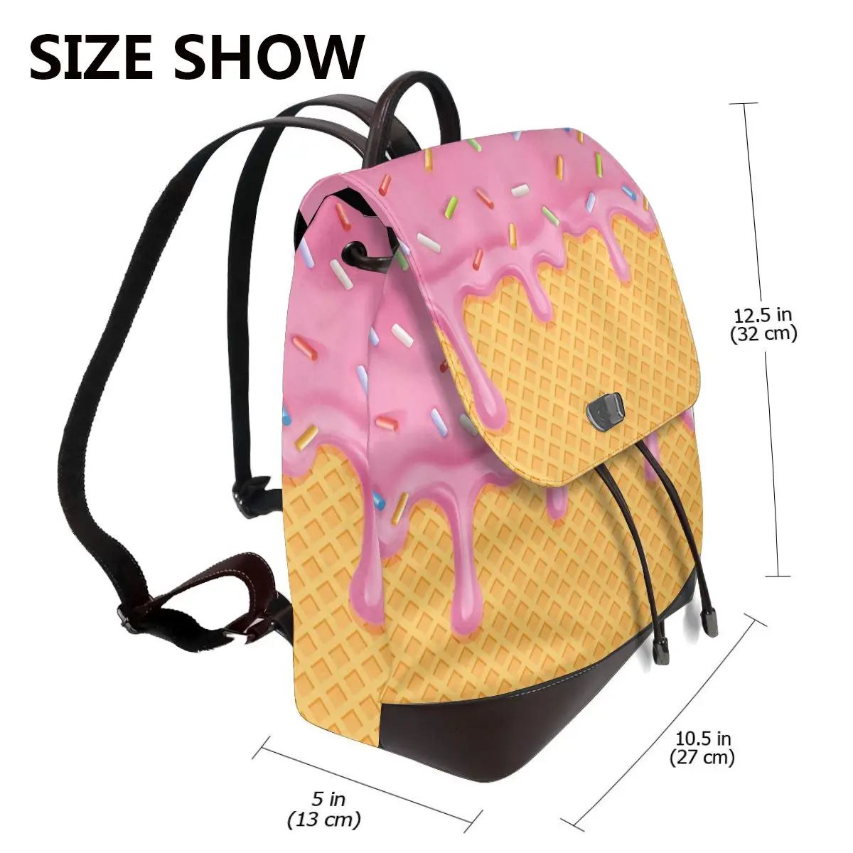 Strawberry Ice Cream Women Soft Leather Backpack Large Capacity Multi Pockets Work Travel Ladies Casual Rucksack