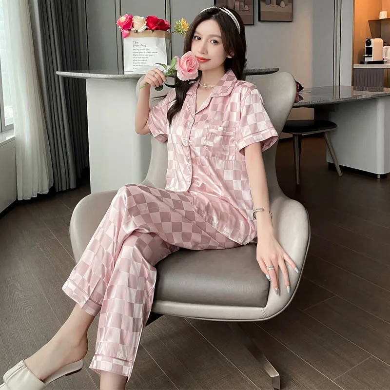 

Women Pajamas Sets Faux Silk Satin Plaid Pyjama Pijama Female Home Clothes Sleepwear pjs Lapel Shortsleeve Shirt Pants Homewear