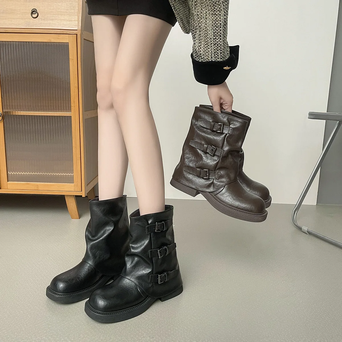 

Thick soled short boots 2026 spring and autumn belt buckle boots Western boots for women