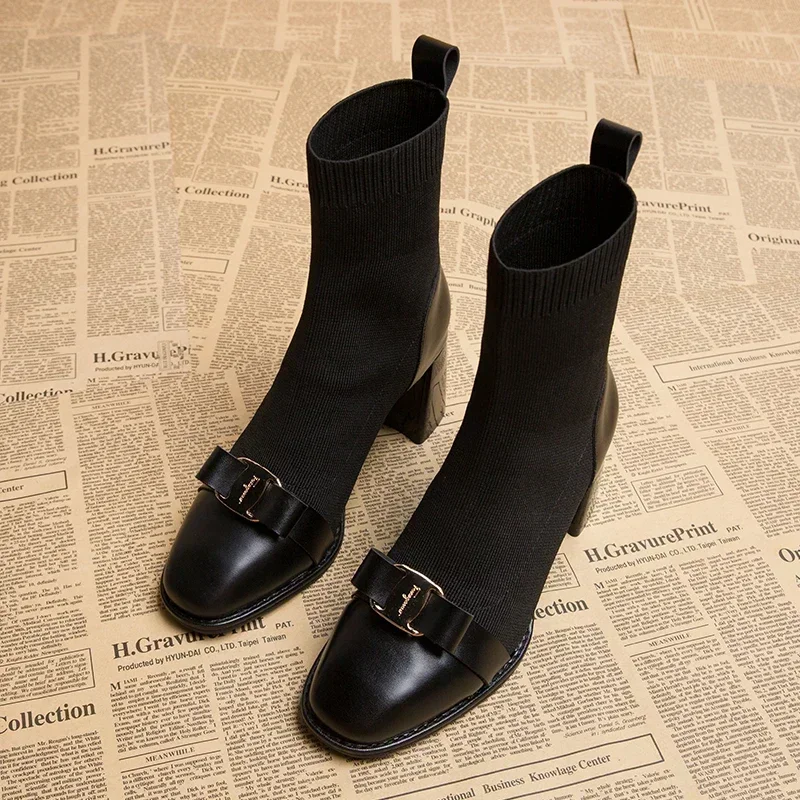 

2026 Autumn Women Knit Ankle Boots Fashion Metal Decoration Slimming Short Booties Autumn Winter Thick Heel Shoes