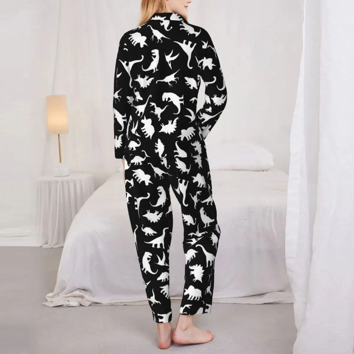 White Dinosaur Print Sleepwear Autumn Funny Animal Casual Oversized Pajama Set Womens Long Sleeves Cute Sleep Design Nightwear