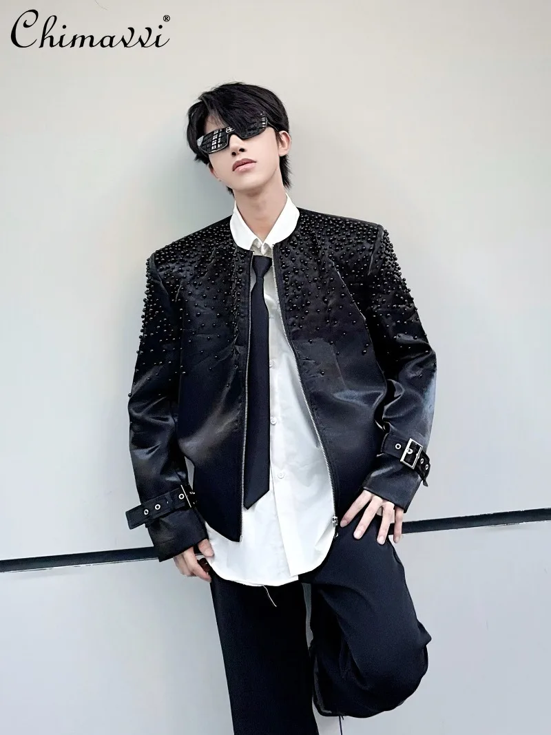 

Толстая жемчужная дизайнерская индивидуальная крутая куртка с круглым вырезом, топ, осень 2021, новая мода, уличная одежда с длинными рукавами, свободное мужское пальто