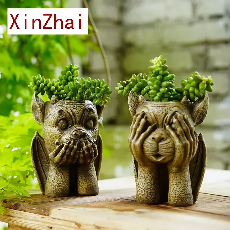 

Resin Monster Flower Pot Figurines for Garden Demon NO See Say Hear Art Decor Accessories Collection Object Home Item