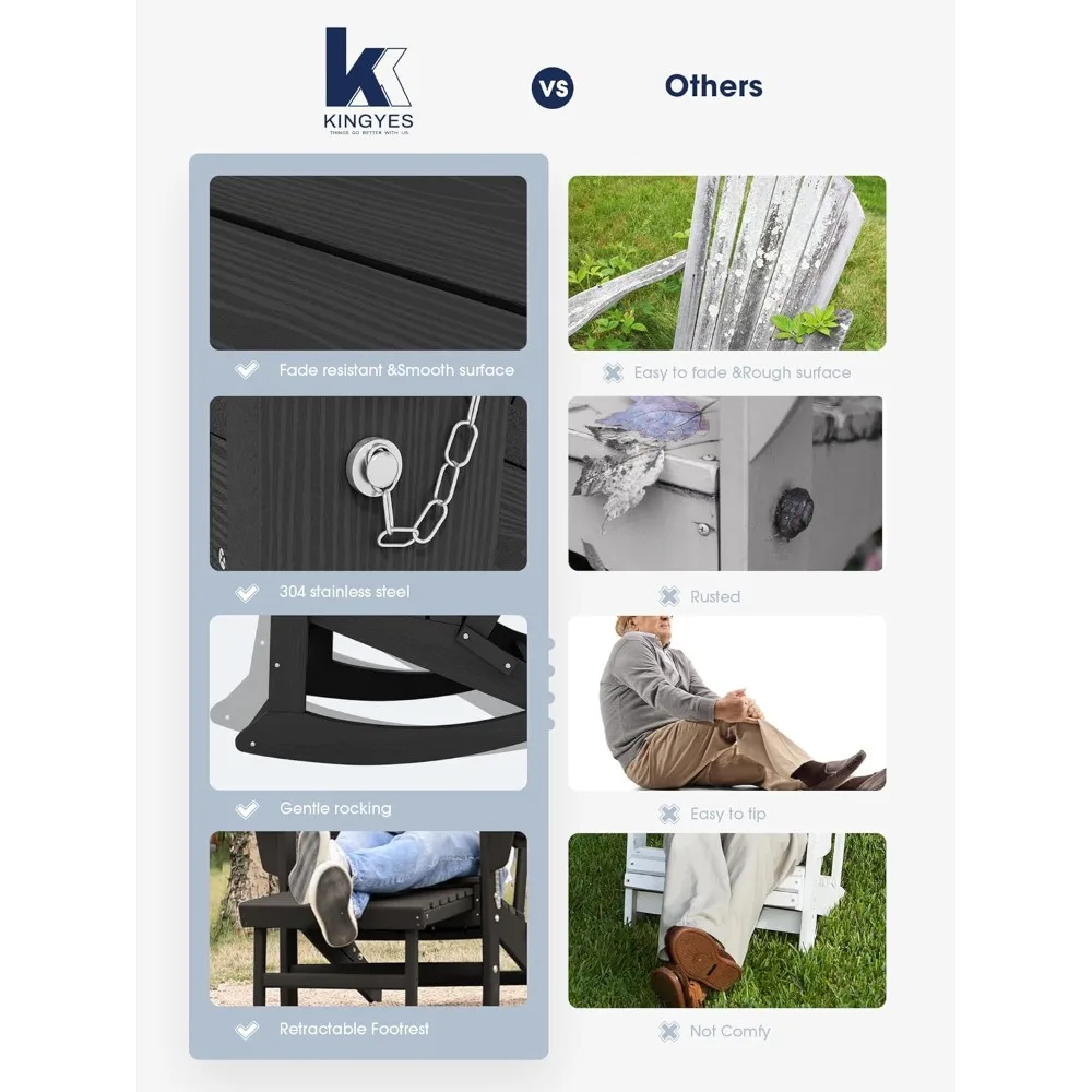 Set di 2 sedie a dondolo Adirondack con pouf retrattile e portabicchieri da patio per portico balcone nero HDPE